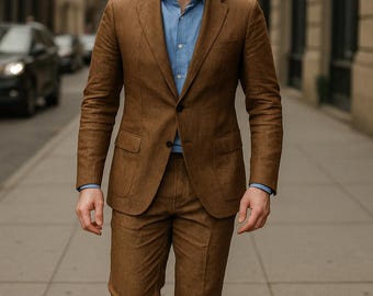 Pode incluir: Um homem veste um fato castanho com uma camisa azul. O casaco está abotoado e as calças são feitas à medida. A imagem inclui o texto "REAL EVER" e um logótipo.