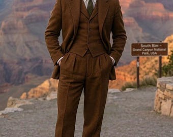 Vintage Brown 3-Piece Heritage Suit, 1920s Old Money Style Groom Wear