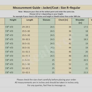 May include: A detailed measurement guide for jackets and coats, size R-Regular, with a table showing sizes, height, length, sleeve, chest, shoulder, and waist/belly measurements in inches. Includes a note on how to measure and order.
