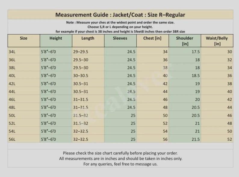 May include: A detailed measurement guide for jackets and coats, size R-Regular, with a table showing sizes, height, length, sleeve, chest, shoulder, and waist/belly measurements in inches. Includes a note on how to measure and order.