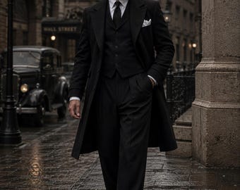 1920s Black 3-Piece Suit with Long Overcoat, Vintage Gangster Formal Menswear