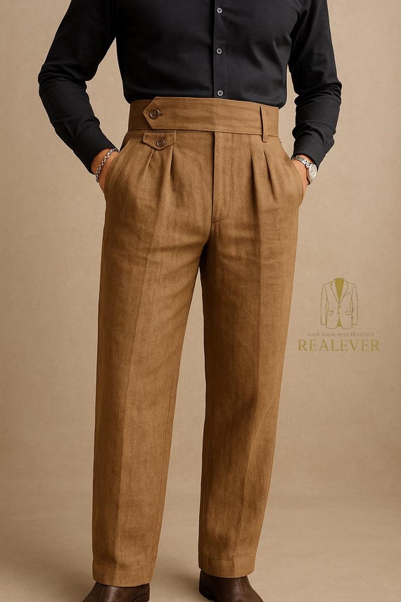 Men's Brown Linen Blend Gurkha Pants: High-Waisted Vintage Trousers