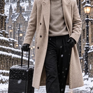 May include: A beige wool-blend overcoat worn over a beige mock-neck sweater and black trousers. The ensemble includes black leather gloves and a black rolling suitcase. The text "Look Iconic with REALEVER" and "REALEVER" appears in the upper left.
