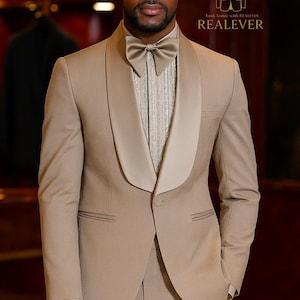 Beige Satin Shawl Lapel Tuxedo for Men – Wedding & Formal Suit with Bow Tie | REALEVER Groom Suit
