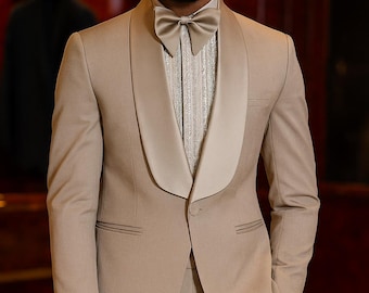 Beige Satin Shawl Lapel Tuxedo with Bow Tie - REALEVER Groom Suit