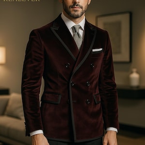 Maroon Velvet Blazer with Black Pants: Men&#39;s Double-Breasted Tuxedo Suit