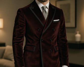 Maroon Velvet Blazer with Black Pants: Men's Double-Breasted Tuxedo Suit