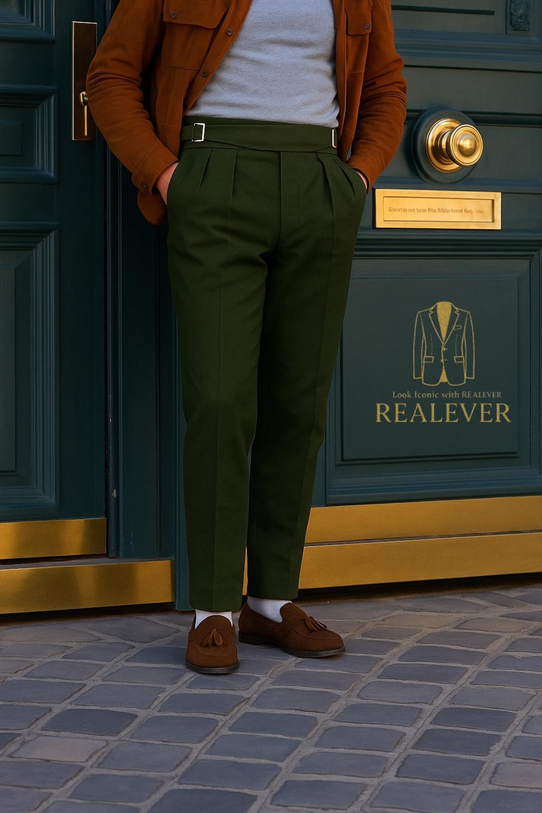 Men's Olive Green Linen Gurkha Pants: High Waist Vintage Military