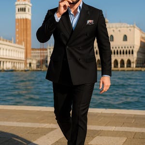 Luxury Black Double-Breasted Suit: Italian Style Peak Lapel Tuxedo