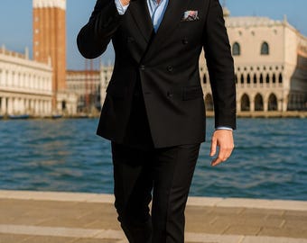 Traje cruzado negro de lujo: esmoquin italiano con solapa de pico