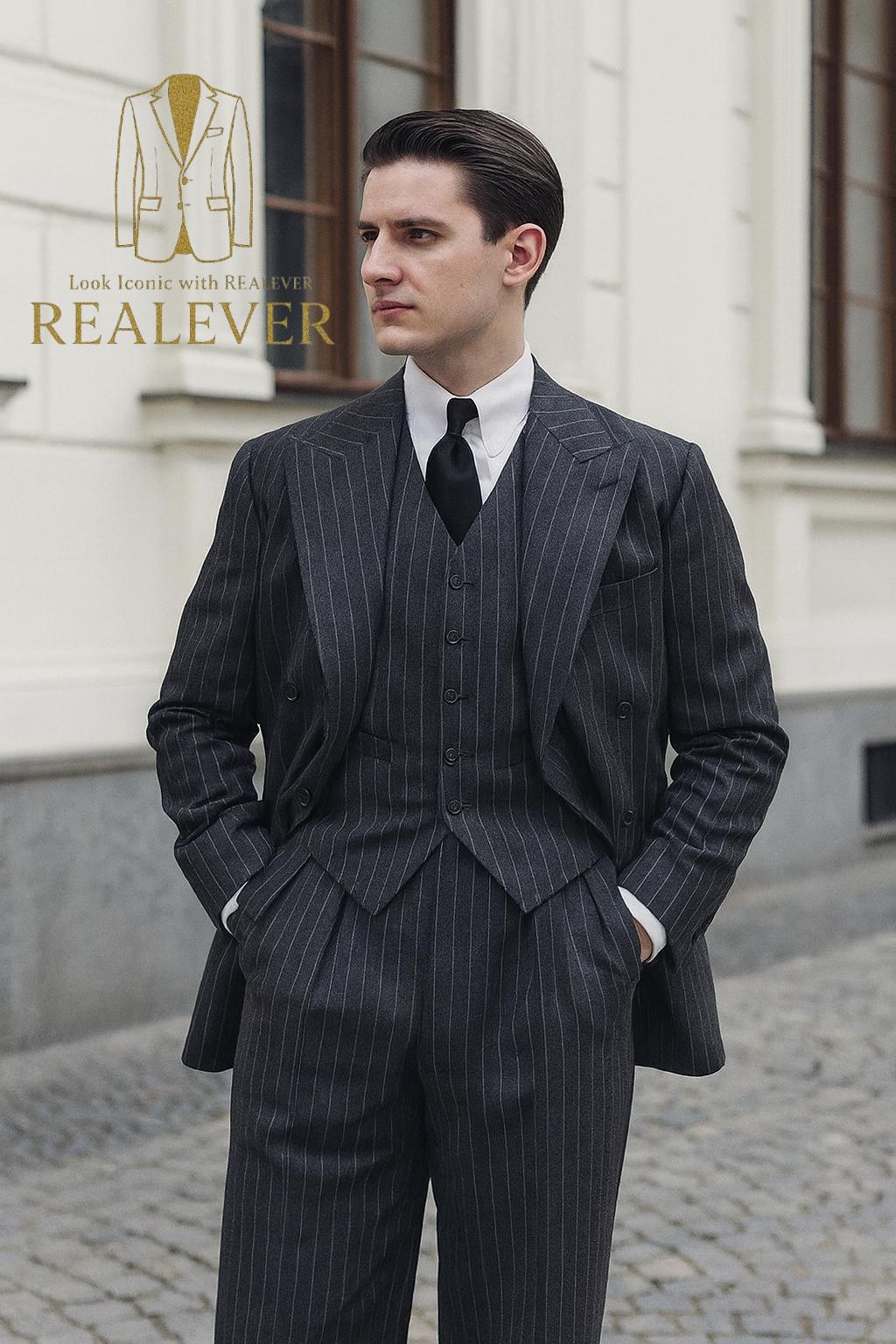 Handmade Charcoal Pinstripe Wool 3-piece Suit | REALEVER Double