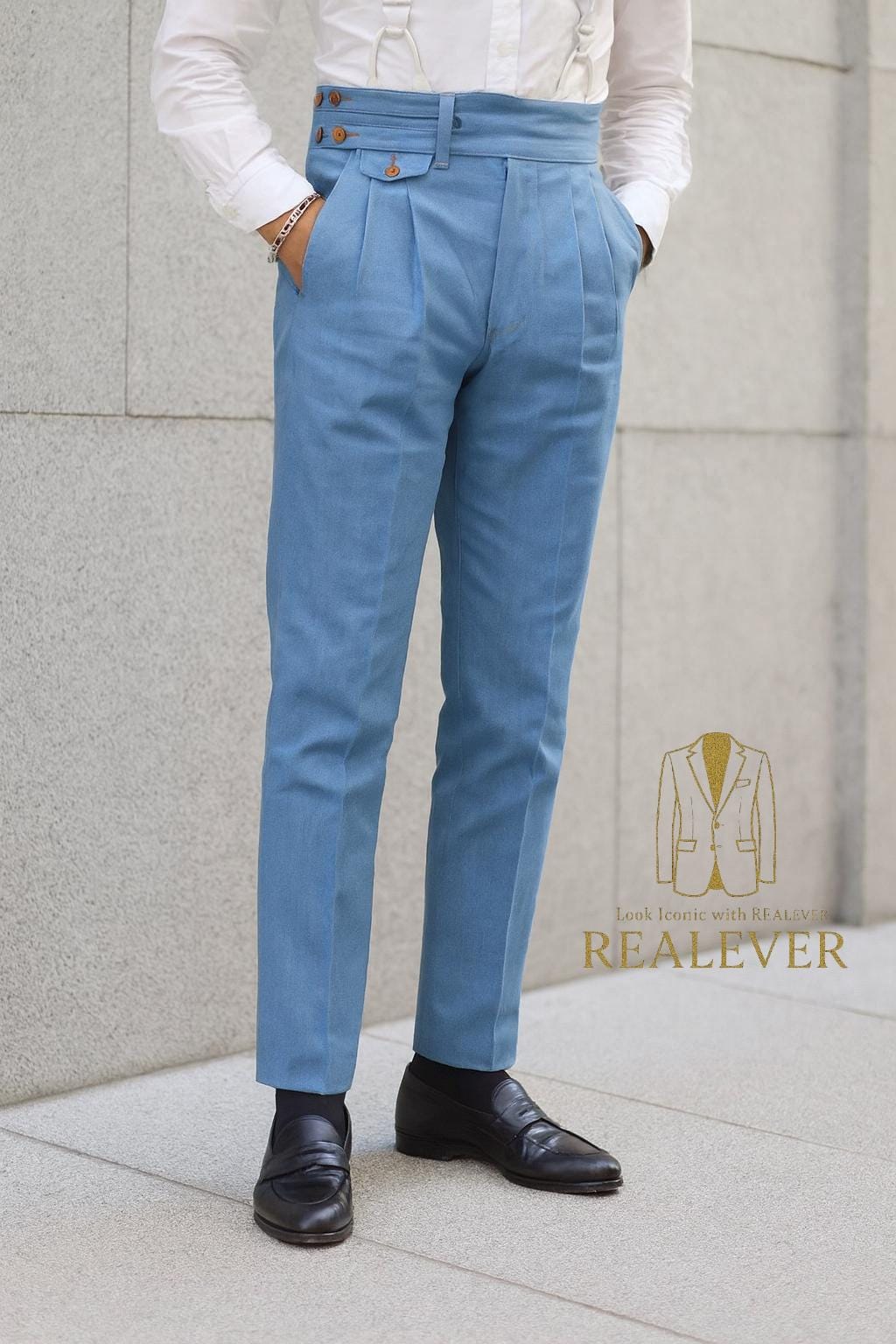 Men's High Waist Gurkha Pants – Tailored Blue Trousers With Pleats