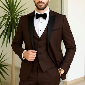 Rich Burgundy Men&#39;s Suit Tuxedo | 3-Piece Formal Wedding Suit with Black Satin Lapel & Bow Tie | Custom Tailored Fit