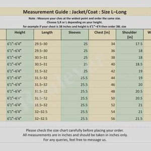 May include: A measurement guide for jackets and coats, size L-Long, with a beige background. The chart includes sizes from 34L to 56L, with measurements in inches for chest, shoulder, and waist. It also includes height and sleeve length.