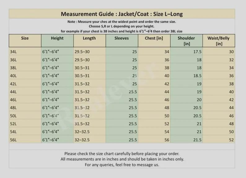 May include: A measurement guide for jackets and coats, size L-Long, with a beige background. The chart includes sizes from 34L to 56L, with measurements in inches for chest, shoulder, and waist. It also includes height and sleeve length.