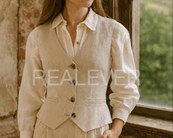 100% reiner Leinenanzug für Damen | Beige Weste & Hose mit hoher Taille | Handgefertigtes Maßgeschneidertes Set