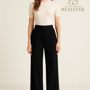 High-Waisted Wide Leg Black Trousers for Women – Elegant Office Wear Formal Pants
