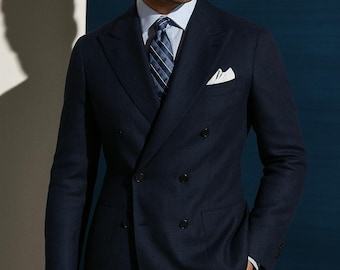 Custom Tailored Navy Blue Linen Double-Breasted Suit: Lightweight Summer Wedding Outfit