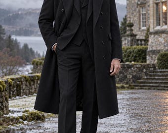 Men’s Black 4-Piece Suit with Overcoat, Jacket, Waistcoat & Trousers, Custom Tailored Winter Wedding Outfit