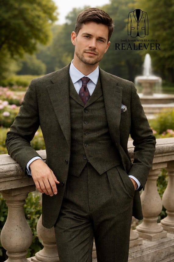 Olive Green Tweed 3-Piece Suit for Men | Vintage Inspired Tailored Suit by REALEVER