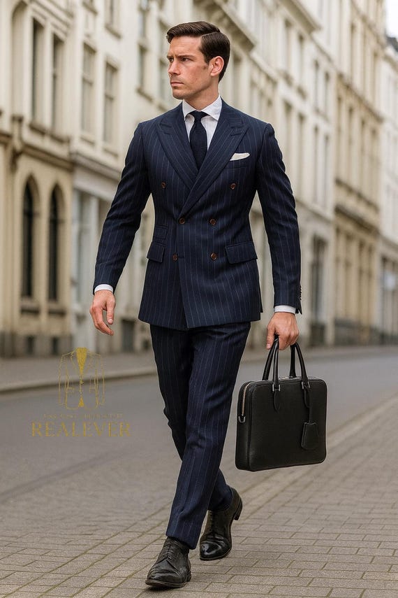 navy blue dress suit Pinstripe Double-breasted – Classic Business Formal Tailoring Size:US28W