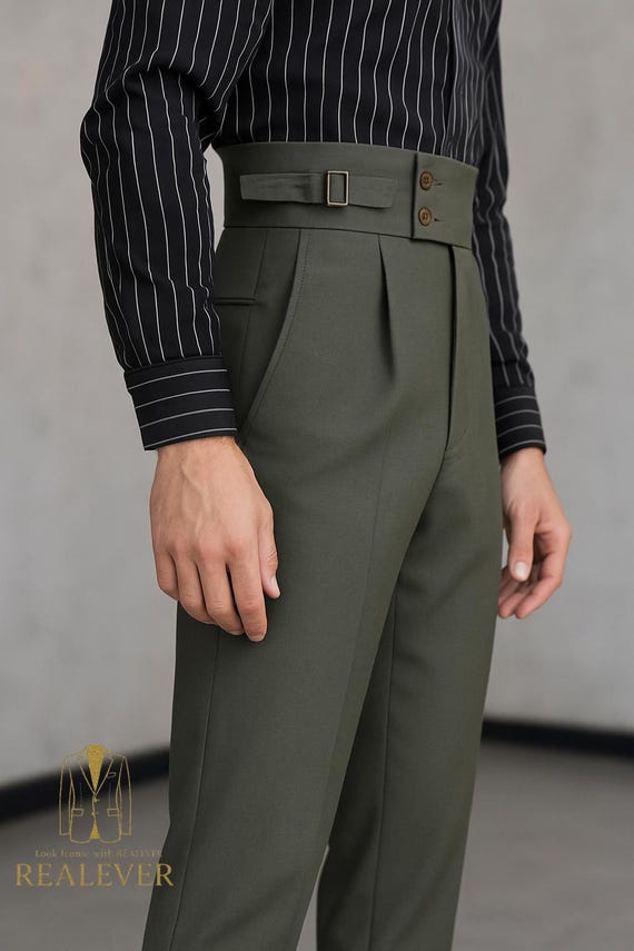 Olive Green High-Waist Gurkha Trousers – Pleated, Adjustable Buckle, Luxury Fit