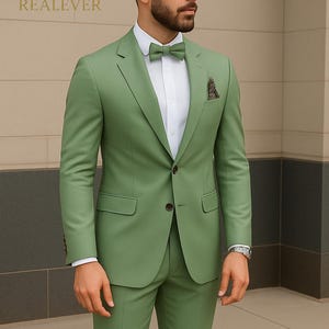 May include: A light green suit with a matching bow tie and pocket square. The suit includes a two-button jacket and tailored pants. The shirt is white. The image includes the text "REALEVER".