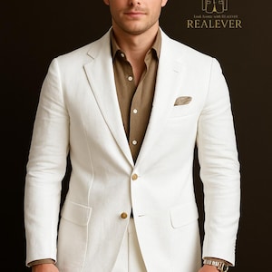 Classic White Pure Linen Suit for Men – Luxury Tailored Fit | REALEVER Signature