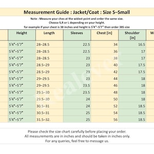 May include: A size chart for jackets and coats, size S-Small, with measurements in inches. Includes chest, shoulder, and waist sizes, along with sleeve and length dimensions. Text at the bottom advises checking the chart before ordering.