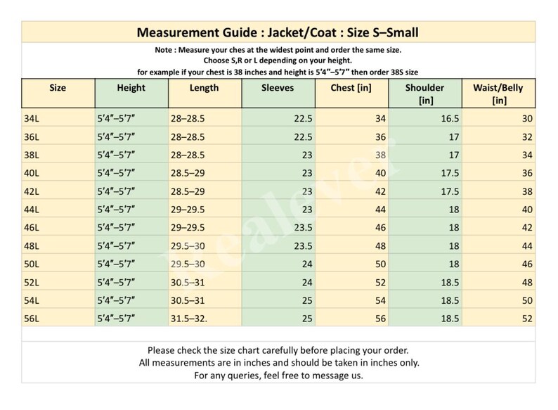 May include: A size chart for jackets and coats, size S-Small, with measurements in inches. Includes chest, shoulder, and waist sizes, along with sleeve and length dimensions. Text at the bottom advises checking the chart before ordering.