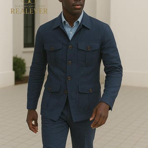 May include: A navy blue suit with a light blue shirt underneath. The jacket has four front pockets and button closures. The suit is a classic style, suitable for business or formal occasions. The brand name "REALEVER" is visible.