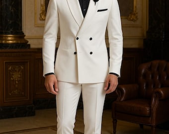 White Double-Breasted Tuxedo Suit: Black Tie Wedding, Formal Events