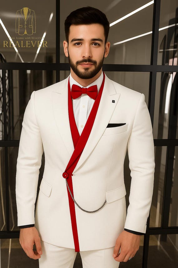 White Designer Suit With Red Chain Bow Tie REALEVER Wedding
