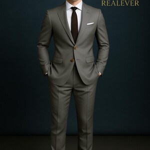 May include: A gray suit with a white dress shirt and a brown tie. The suit has a two-button closure and a pocket square. The text "Look Iconic with REALEVER" is in gold.