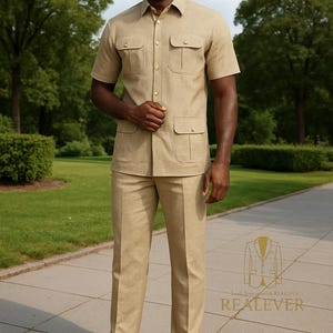 May include: A tan short-sleeved shirt and matching pants suit. The shirt has four front pockets and button closures. The suit is worn with brown leather shoes. The image includes the text "Look Iconic with REALEVER" and the brand's logo.