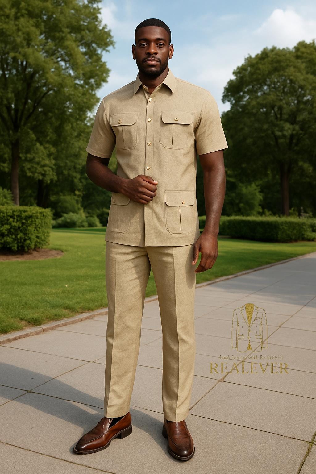 Men's Khaki Safari Suit: Short Sleeve Utility Outfit, Custom