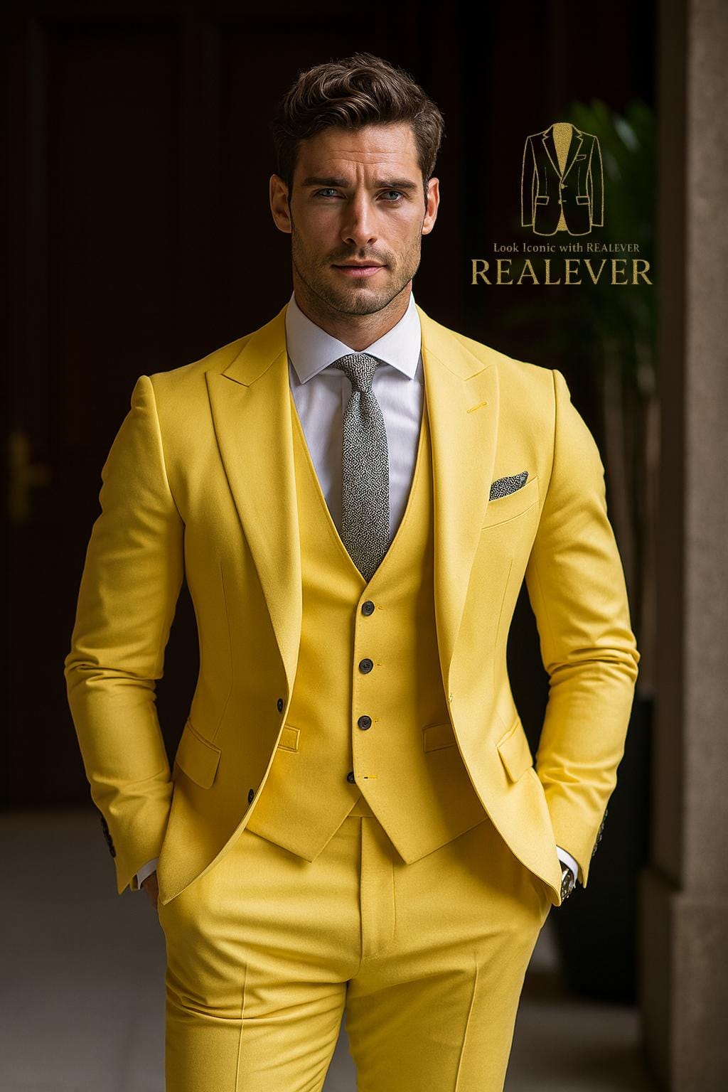 Bold Sunshine Yellow Three-Piece Suit for Men - Modern Slim Fit Elegance