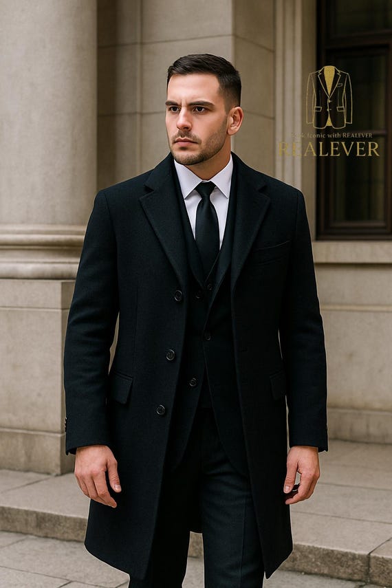 winter dress jacket men Men's Classic Black Wool Overcoat Black Layered Tulle Dress Vesper Size:Plus size Step out in timeless