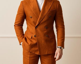 Handmade Burnt Orange Linen Double Breasted Suit: Custom Tailored Blazer & Pants