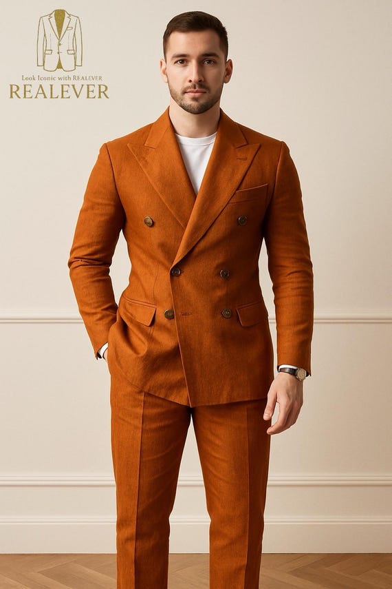 Handmade Burnt Orange Linen Double Breasted Suit: Custom Tailored
