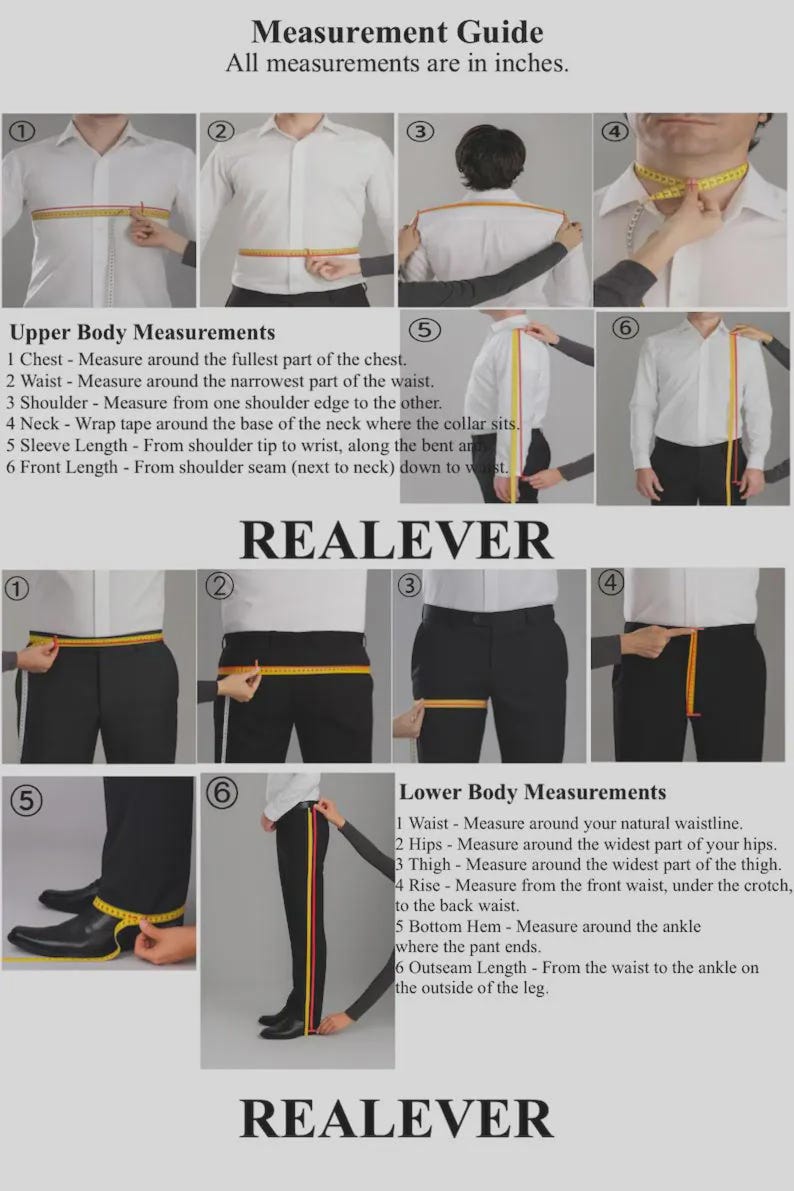 May include: Measurement guide showing how to measure for clothing. Includes diagrams for upper and lower body measurements, with all measurements in inches. Text includes instructions for chest, waist, and sleeve length.