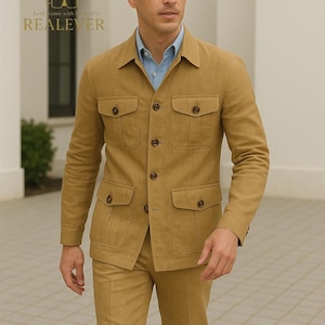 Men&#39;s Khaki Linen Safari Suit: Handmade Hunting Jacket & Trousers