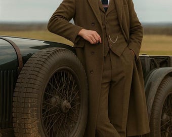 Vintage Brown Tweed 3-Piece Suit with Long Overcoat | Peaky Blinders Style