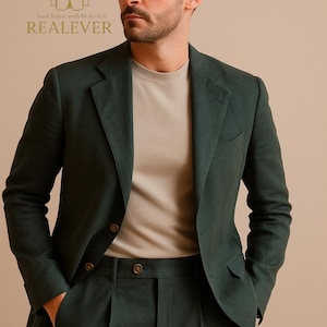 Emerald Green Pure Linen Suit for Men – REALEVER Elegant Summer Blazer Set