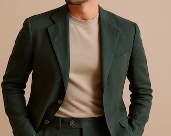 Emerald Green Pure Linen Suit for Men – REALEVER Elegant Summer Blazer Set
