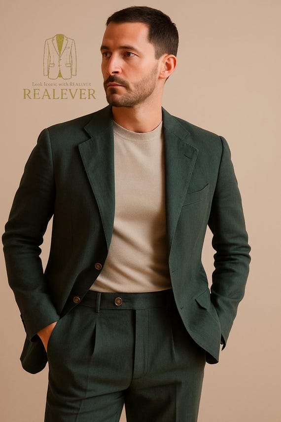 green dress coat mens Emerald Pure Linen Suit for Men – REALEVER Elegant Summer Blazer Set forest green suit