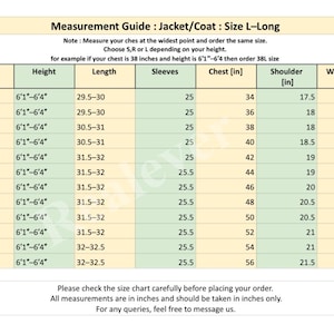 May include: A jacket and coat size chart for L-Long sizes, with measurements in inches. Includes sizes 34L to 56L, detailing height, length, sleeve, chest, shoulder, and waist/belly measurements. Text at the bottom advises checking the chart before ordering.