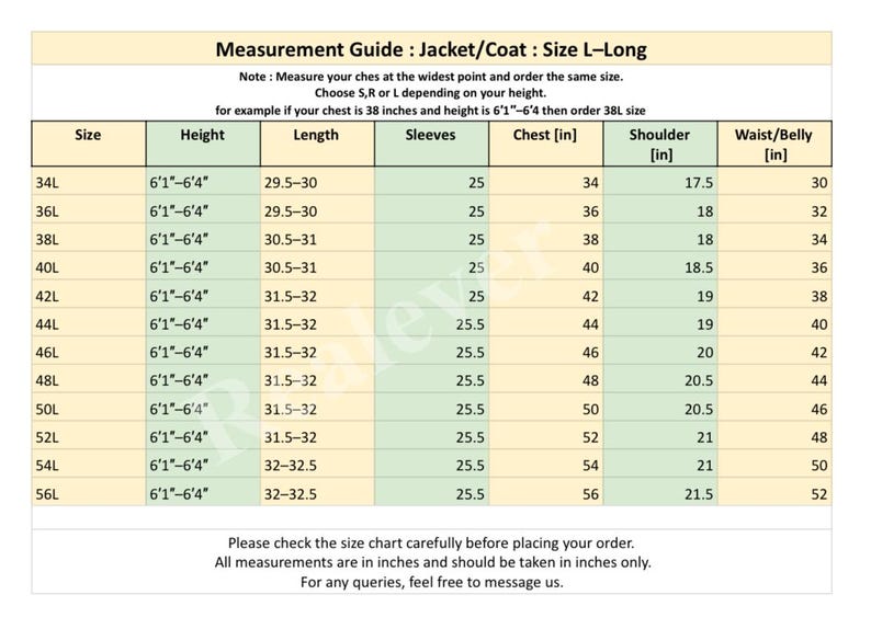 May include: A jacket and coat size chart for L-Long sizes, with measurements in inches. Includes sizes 34L to 56L, detailing height, length, sleeve, chest, shoulder, and waist/belly measurements. Text at the bottom advises checking the chart before ordering.