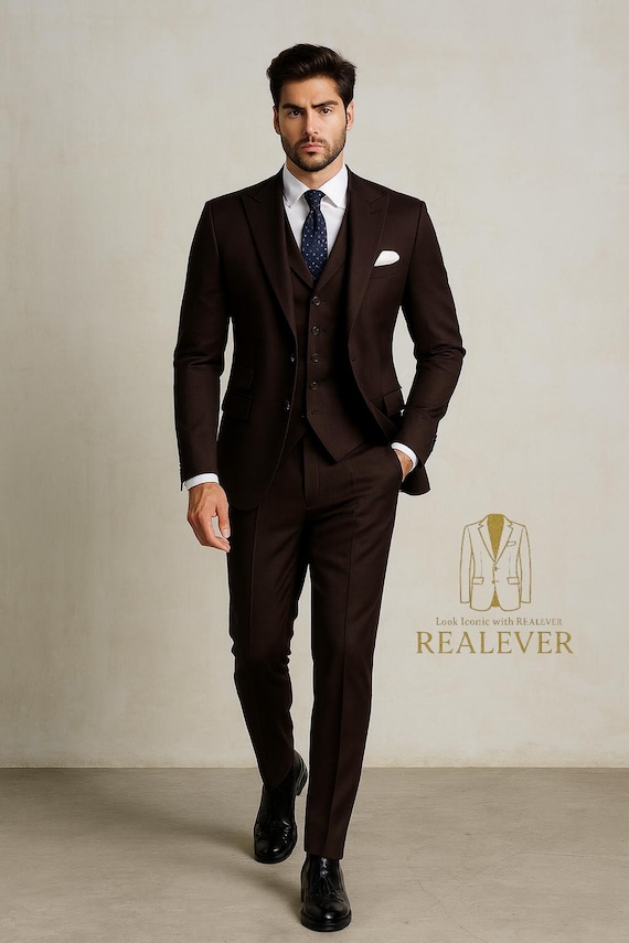Men's Slim Fit 3-Piece Suit: Dark Brown Wedding Groom Attire