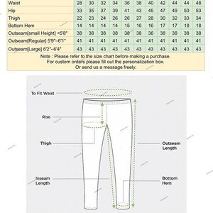 May include: A detailed size chart for trousers or pants, including measurements for waist, hip, thigh, and bottom hem. The chart also provides outseam lengths for different heights. The image includes a diagram illustrating key measurement points.